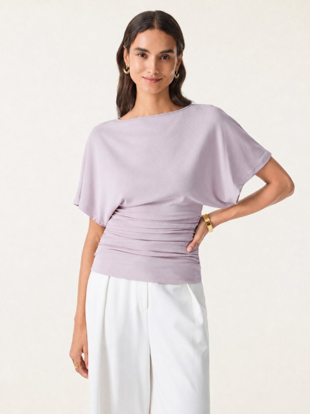 NWT OGL Sandwashed Effortless Boatneck Batwing Sleeve Side Ruched Top Pale Lilac